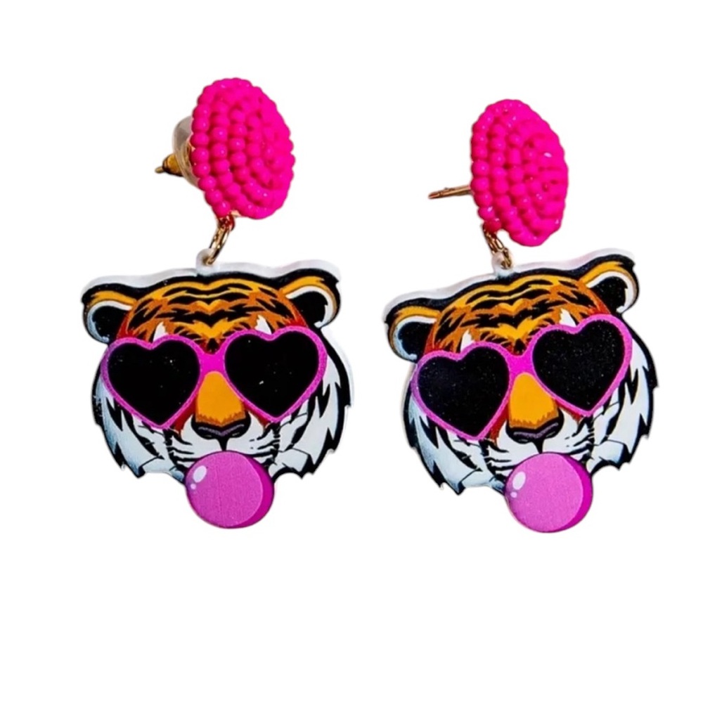 Pink Bubblegum Tiger Dangle Earrings
